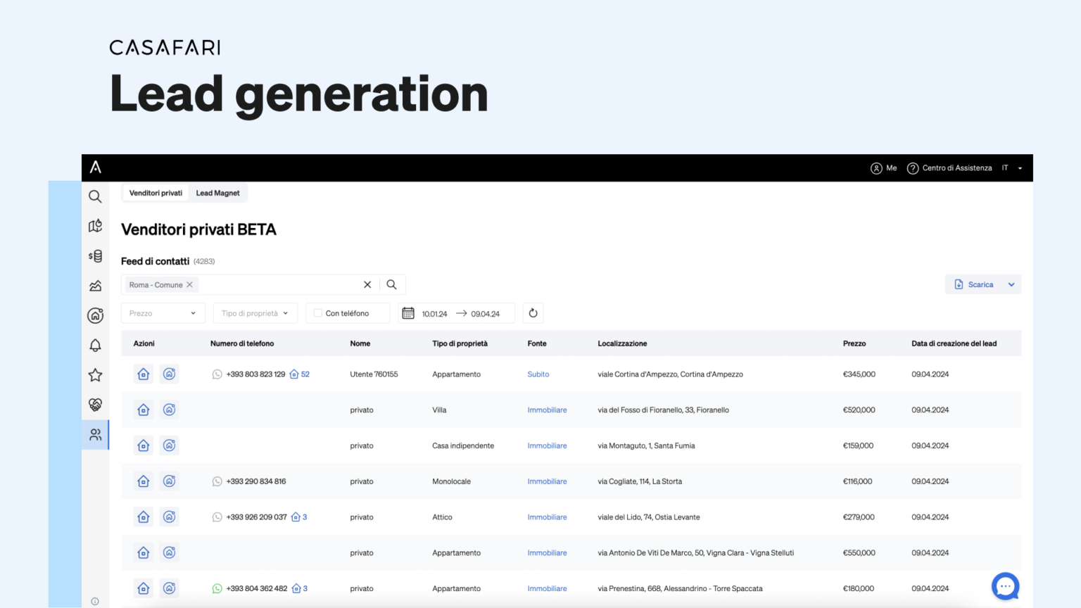 Prodotti di CASAFARI per lead generation