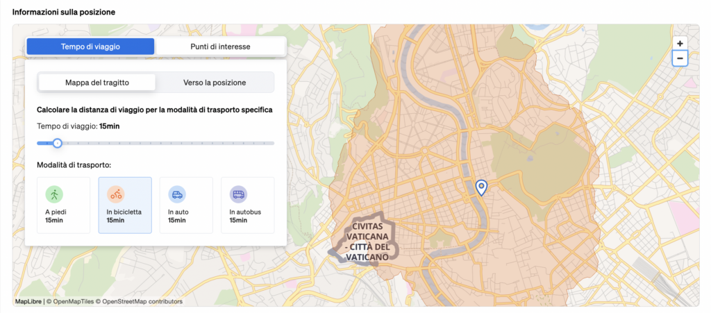 Informazioni sull'ubicazione che mostrano i servizi presenti nelle vicinanze di un immobile e i tempi di percorrenza con i diversi mezzi di trasporto