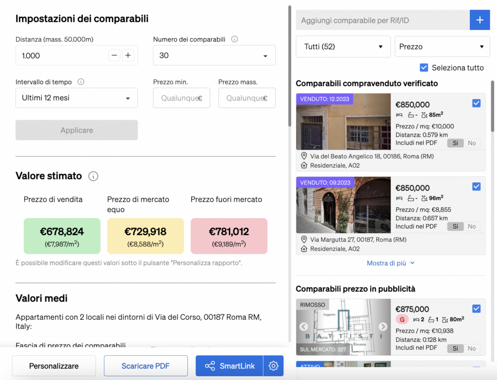 Ricerca di immobili comparabili ed esecuzione di una valutazione dell'immobile all'interno di CASAFARI, in base alla posizione e alle caratteristiche dell'immobile.