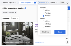 immobili delistati all'interno della Ricerca di Immobili di CASAFARI, un'informazione utile per gli agenti immobiliari per vedere cosa è stato venduto di simile al loro portafoglio