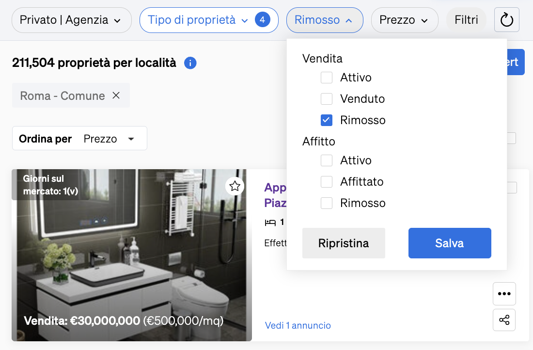 immobili delistati all'interno della Ricerca di Immobili di CASAFARI, un'informazione utile per gli agenti immobiliari per vedere cosa è stato venduto di simile al loro portafoglio