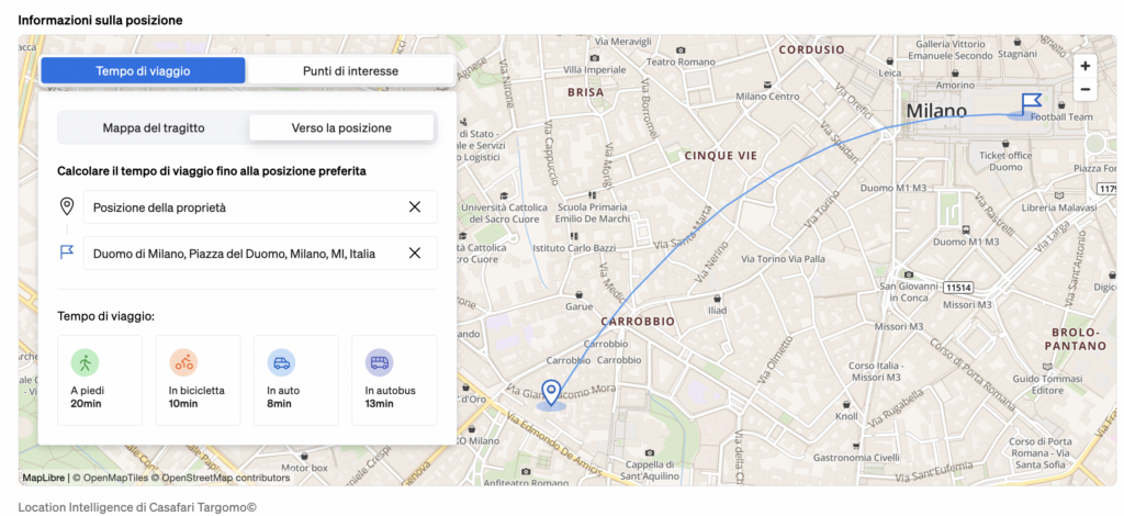 Mappa con i punti di interesse nei dintorni della proprietà e i tempi di percorrenza