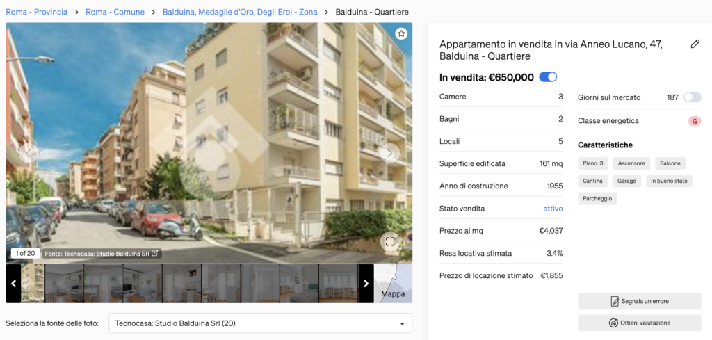 Informazioni strutturali e generali di un immobile all'interno della Pagina Immobiliare di CASAFARI