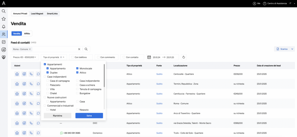 Filtro per tipo di immobile all'interno del Lead Flow di CASAFARI