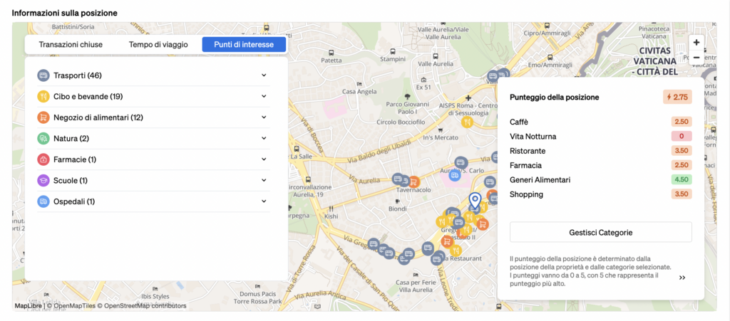 Punti di interesse nelle vicinanze mostrati all'interno del Mappa Intelligente di Localizzione di CASAFARI