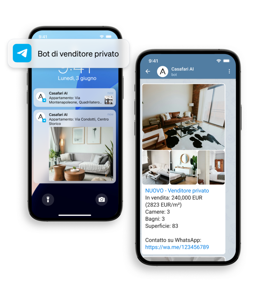 ricevere notifiche di nuovi immobili sul mercato venduti da venditori privati con il bot di CASAFARI AI per WhatsApp e Telegram