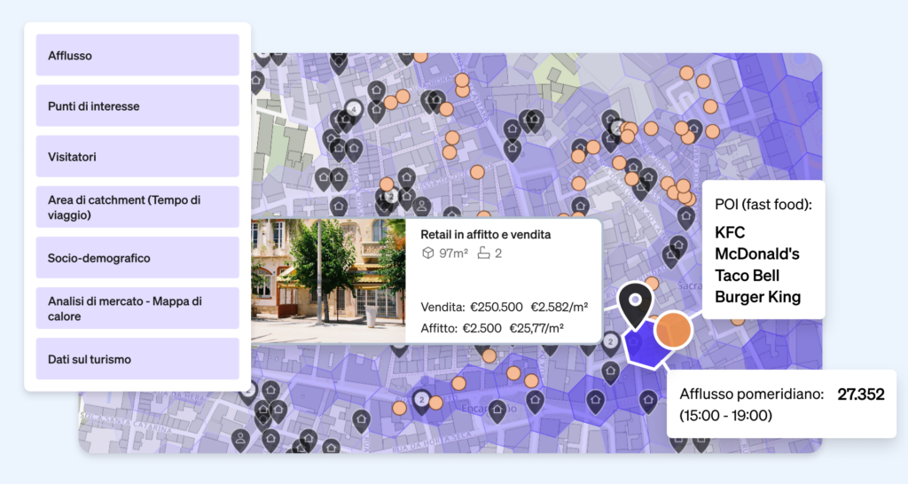 Soluzioni di integrazione dei dati fornite da CASAFARI per analizzare l'area circostante un immobile, quali affluenza, punti di interesse e informazioni socio-demografiche.